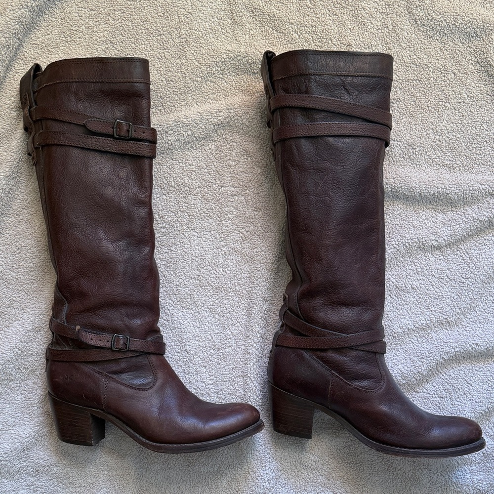 Frye Brown Leather Buckle Boots